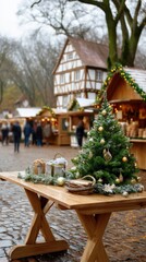 Obraz premium Colorful ornaments and twinkling lights create a joyful atmosphere in a market celebrating the holiday season with seasonal cheer