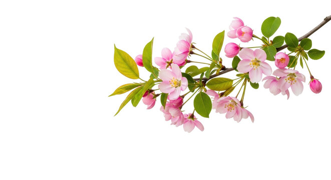 Isolated sprig of pink crabapple blossoms on a twig, cut out, flowers are blooming in the spring