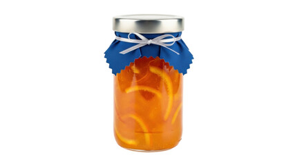 Isolated jar of orange marmalade with blue fabric and a ribbon on top, ready to be sold