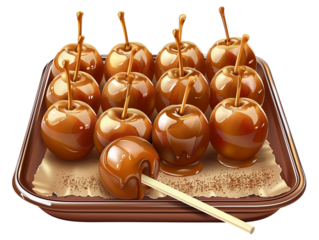 Delicious caramel apples arranged beautifully on a tray, tempting with their glossy finish and sweet aroma.