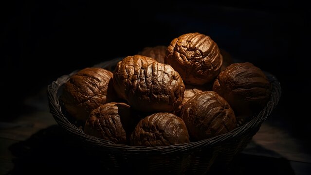 Basket of textured rolls captured in dark and moody lighting arrangement - Powered by Adobe