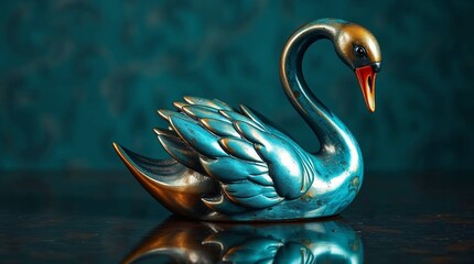 Decorative swan figurine in a shiny blue color with golden accents on a dark background
