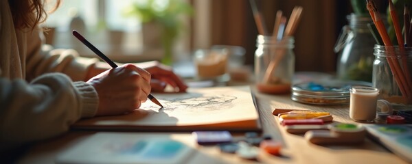 Woman sketching with pencil. Artist creates artwork on paper at table. Art supplies near female drawing person. Studio interior with natural light. Hobby concept home learning art.