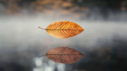 A minimal leaf floats above reflective water in hyperrealistic detail. The scene symbolizes balance, purity, and quiet harmony, blending natural simplicity with calm reflection and gentle light.