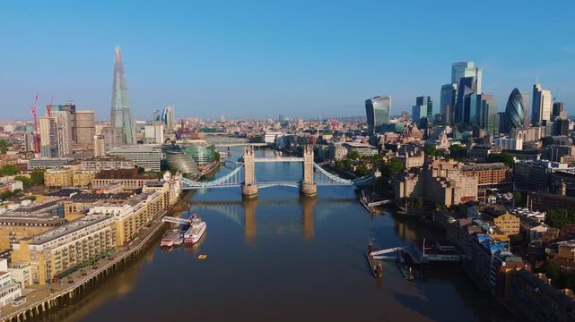 London Skyline Aerial Cityscape Flythrough Over River Thames Towards Tower Bridge