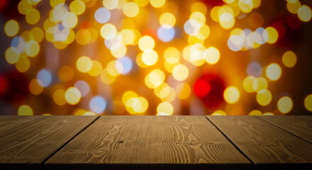 Rustic Wooden Table Perspective Foreground with Golden Festive Bokeh Background