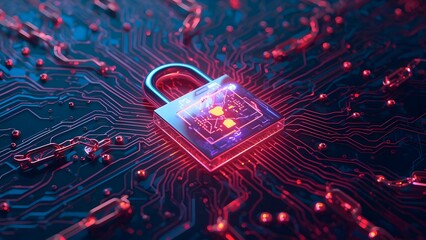 Cybersecurity visualization with digital lock on circuit board as data