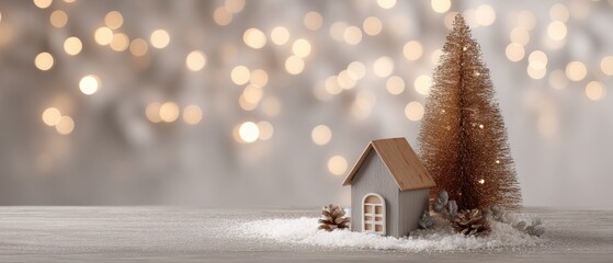 A small white house sits beside a festive Christmas tree adorned with ornaments, creating a warm and cheerful atmosphere indoors