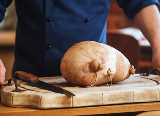 A filled and boiled pig stomach as a speciality of the German Palatine and the American Pennsylvania Dutch cuisine laying on a cutting board with the chef standing behind it