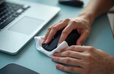 Hands wipe computer mouse with cloth. Person disinfects mouse and cleans office equipment. Covid hygiene protocols, healthcare and workspace safety. Laptop is on desk. Mouse cleaning and disinfection.