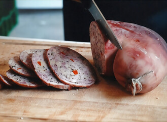 A filled and boiled pig stomach as a speciality of the German Palatine and the American Pennsylvania Dutch cuisine laying on a cutting board with the chef slicing it with a knife