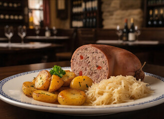 A filled and boiled pig stomach served with potatoes and Sauerkraut as a speciality of the German Palatine and the American Pennsylvania Dutch cuisine