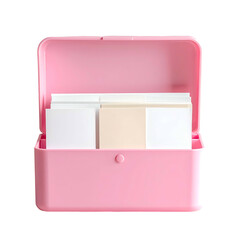 A pink, open box filled with stacks of white and tan notecards. Front facing view
