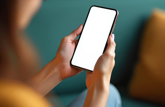 Girl holds cell phone with empty white screen. Woman uses smartphone app. Mobile device mockup in hand. Person surfs web, uses social media or ecommerce app on cellphone.
