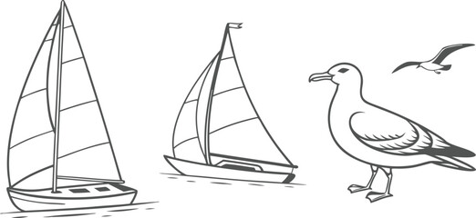 Sailboats and seagulls line art illustration, nautical marine design with sailing yachts and sea birds, minimal coastal vector for travel, summer, and ocean themed decor or print projects
