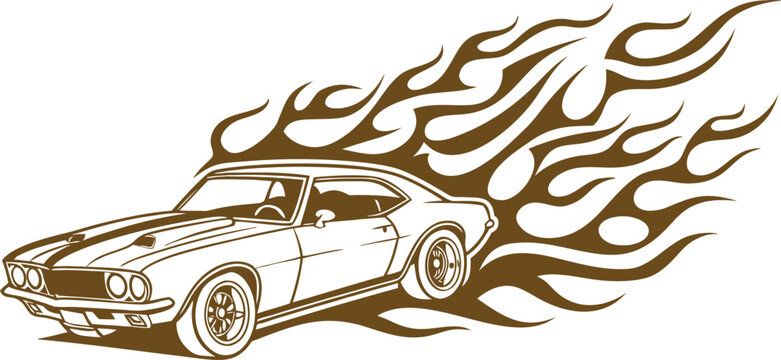 Vintage muscle car with tribal flame design vector, fast racing automobile illustration in brown tones, classic hot rod art for automotive decals, retro speed and power concept graphic.