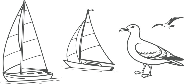 Sailboats and seagulls line art illustration, nautical marine design with sailing yachts and sea birds, minimal coastal vector for travel, summer, and ocean themed decor or print projects