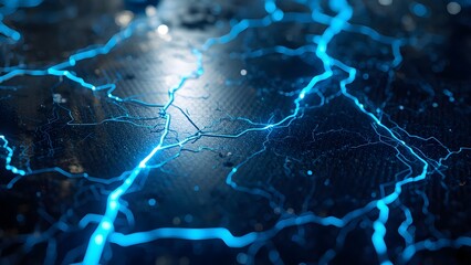 Digital rendering of interconnected glowing blue lines on a dark textured