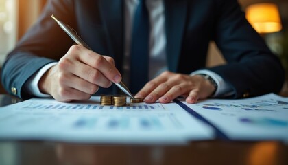 Businessman in suit analyzes financial report with charts. Counts stacks of gold coins with pen, calculating income profit. Demonstrates investment planning, savings, accounting, wealth management