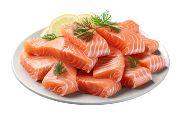 Plate of salted salmon fillets with dill and lemon slices, cut out