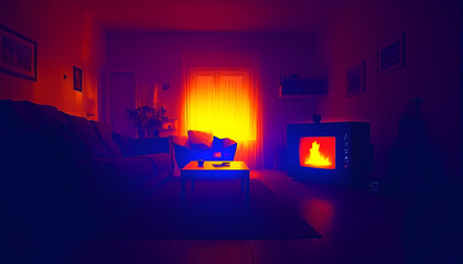 Infrared heat signature of living room interior at night