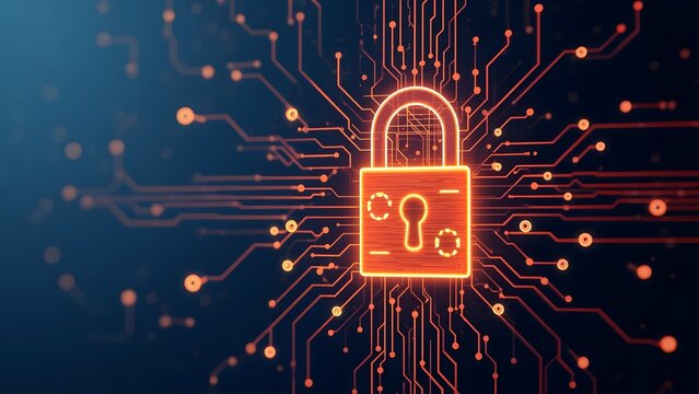 Digital security concept with glowing padlock and circuit board connections