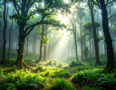 A sunlit forest scene with tall trees, lush green grass, and a pathway winding through the vibrant foliage. Sunlight filters