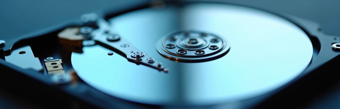 Open hard disk drive with detailed internal parts close up. Computer HDD platter and head, macro photo. Tech and data storage concept. Information technology and digital hardware. - Powered by Adobe