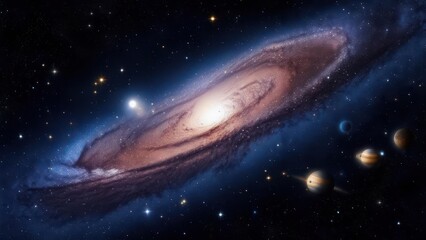 A spiral galaxy with planets and stars in deep space