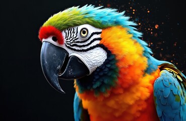 Fototapeta premium Colorful parrot portrait against black backdrop. Close up of vibrant bird illustration with detailed feathers. Exotic avian art for creative design projects. Digital generated artwork