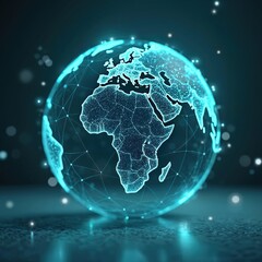 Fototapeta premium Vivid blue glowing digital earth globe shows interconnected world continents with bright network lines, nodes. Data points glow, spread across entire planet. Futuristic tech concept illustrates