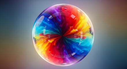 Swirling rainbow colors within a transparent sphere create a vibrant abstract.