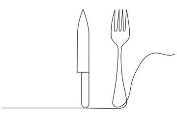 Knife and fork, continuous one line drawing, minimalist outline illustration of dining utensils