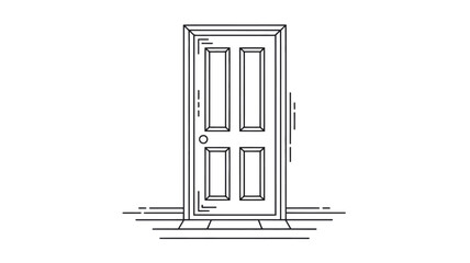 Classic four panel wooden door with door knob and brick threshold hand drawn illustration