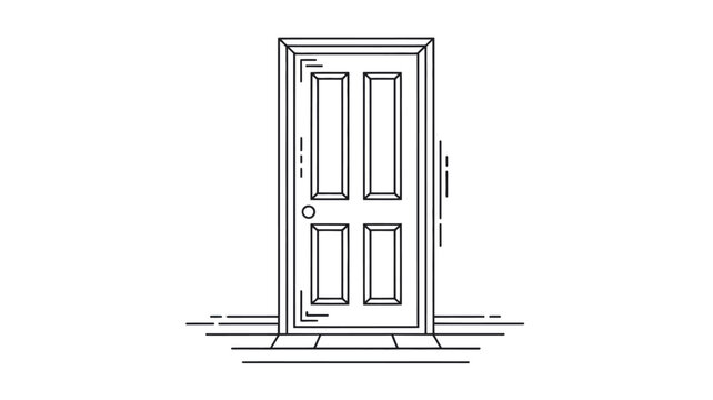 Classic four panel wooden door with door knob and brick threshold hand drawn illustration