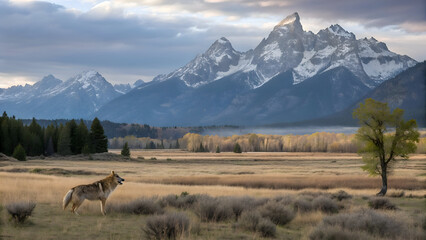 Lone wolf stands in a golden meadow with snow capped mountains in the background