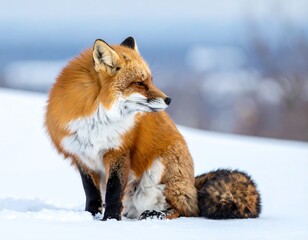 Obraz premium A red fox, with its rich fur, sits poised on a snowy slope, gazing serenely towards the right. The background is softly blurred