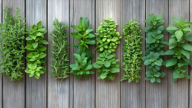 Fresh green herbs arranged on wooden background