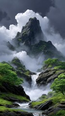 Obraz premium Towering Mountain Above a Misty Waterfall Surrounded by Lush Greenery in a Scenic Landscape