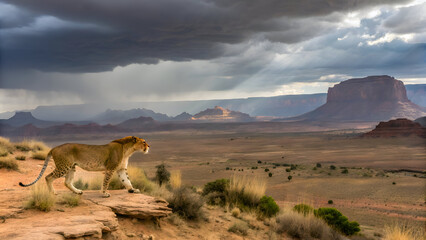 Majestic lion surveys a vast desert landscape under dramatic stormy skies