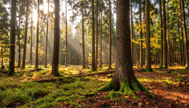 A sunlit forest scene, with tall trees and dappled sunlight. Green moss covers the forest floor, creating a serene atmosphere