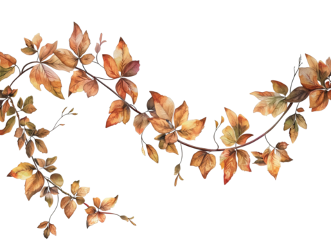Delicate autumn leaves in warm hues of orange, gold, and brown, gracefully intertwining against a transparent background.
