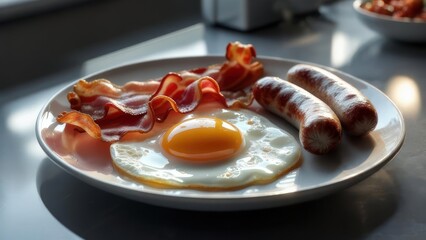 A sunny-side-up egg, crispy bacon, and two sausages on a plate