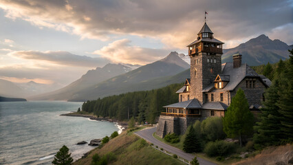 Fototapeta premium Majestic castle perched on a cliff overlooking a serene lake and mountains