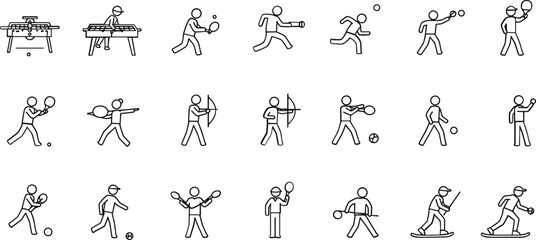Collection of Line Art Icons Depicting Various Sports and Activities black and white