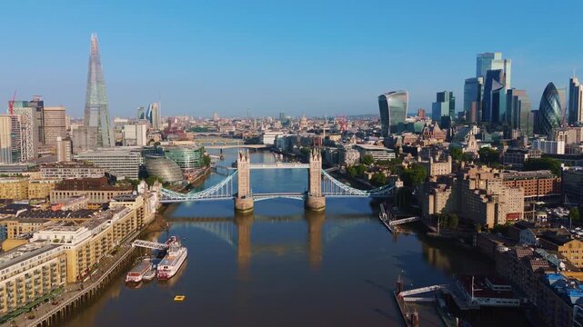 London Skyline Aerial Cityscape Flythrough Over River Thames Towards Tower Bridge