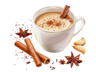 A cozy cup of spiced chai with cinnamon and star anise, perfect for warming up during chilly days.