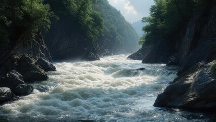 A sunlit river rushes through a narrow gorge, its whitewater churning between dark rock walls
