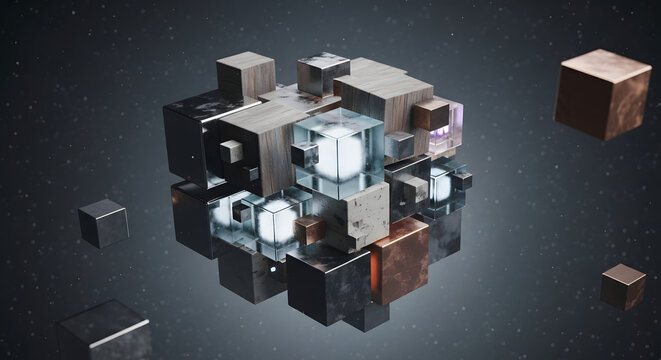 Interconnected cube structures form a complex geometric shape.