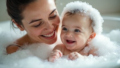 Young mother, cute infant bathe together in bubbly bathtub. Both smile happily, enjoying fun playtime. Baby many white bubbles on head, giggling. Happy family moment shows love, care, bonding, joy